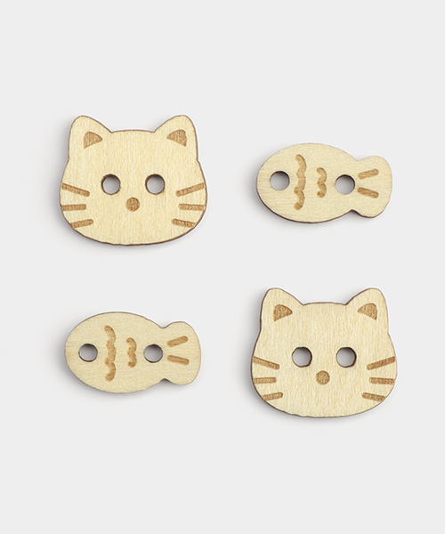 71-774 고양이 물고기 나무단추 세트_내추럴