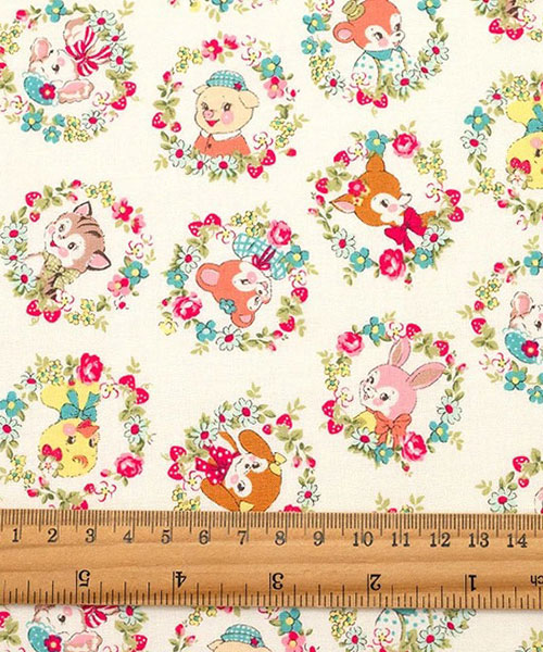 74-165 유와 코튼셔팅 마츠야마 아츠코 플라워 리스 애니멀_화이트